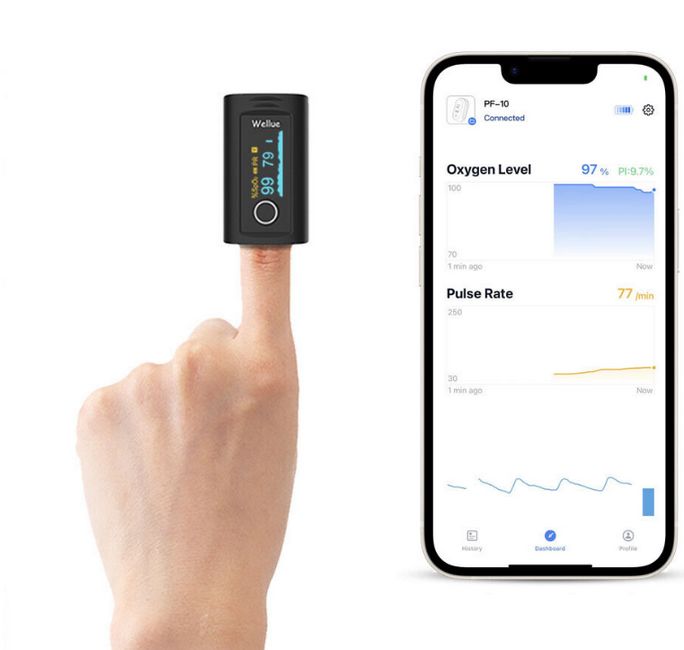 Bild von Finger-Pulsoximeter mit OLED-Anzeige, Bluetooth und Perfusion Index (PI)